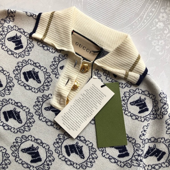 Gucci Equestrian Jacquard Polo Short Sleeves Sweater Cream/Navy Women's Size XS - Picture 7 of 16